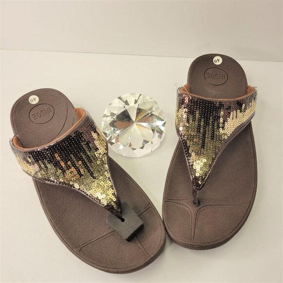 BROWN Sparkly Size 9 Summer Beach Wedge Sandals Bling Crystal Comfy Flip Flops - Picture 4 of 11